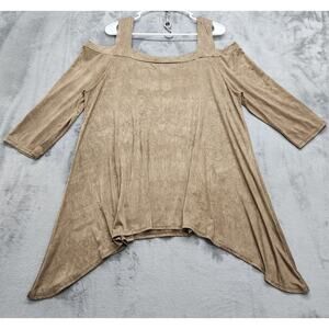The Pyramid Collection Top Womens 1X Gold Tan Crinkle Stretch Knit Cold Shoulder